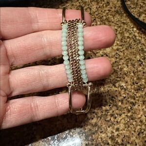 Teal and Gold Beaded Bracelet with gold shoulders, chain and clasp